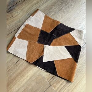 VINTAGE le chateau Patchwork Suede Mini Skirt in Brown, Black & Cream